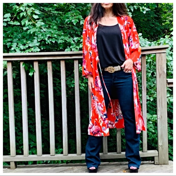 ✨LAST ONE✨Boho red floral side slits kimono jacket - Picture 6 of 8